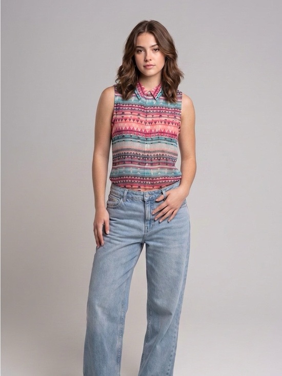 SO Tops - SO Sleeveless Collared Print Top - Pink, Teal